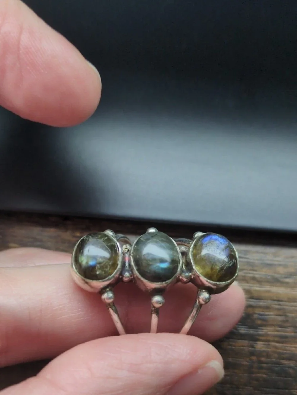 Triple Stone Labradorite Silver Ring - Green/Gray Accent